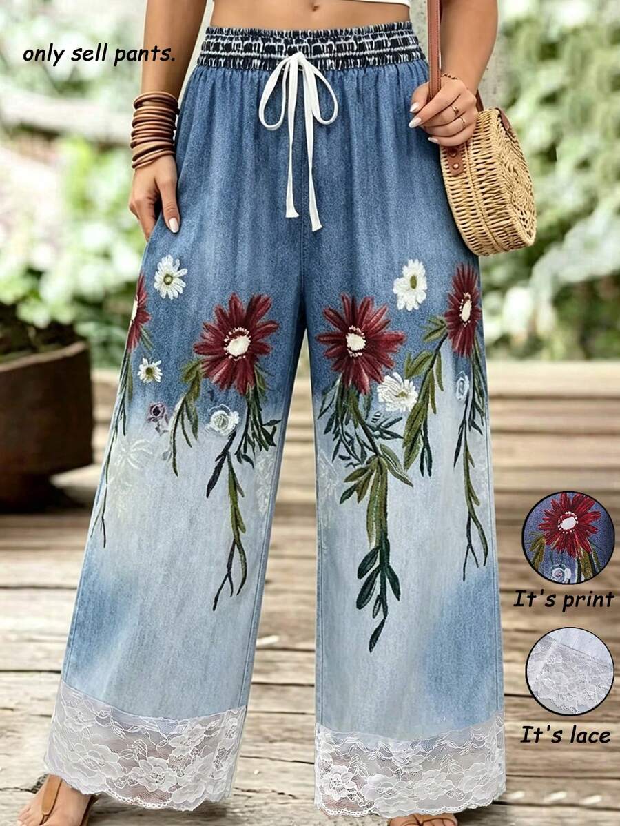 EMERY ROSE Plus Size Ombre Print Knotted Lace Patchwork Casual Wide Leg Pants Fall - Multicolor - View 1