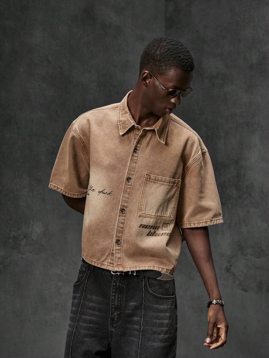 NEON BLANC Men's Single-Breasted Letter Print Casual Daily Denim Shirt - Khaki - View 1