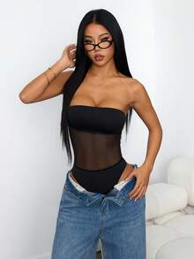 SHEIN PETITE Bodysuit Wanita Warna Polos dengan Sambungan Jala, Seksi Tanpa Lengan, Pas Badan, untuk Wanita Bertubuh Mungil - Hitam - View 7
