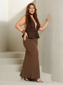 Lele Munniz Atasan Tank Top Camisole Tanpa Punggung Seksi Warna Polos untuk Wanita Ukuran Plus, Atasan Berkerut Leher V Dalam Warna Cokelat Cokelat untuk Musim Panas, Kasual - Chocolate Brown - View 7