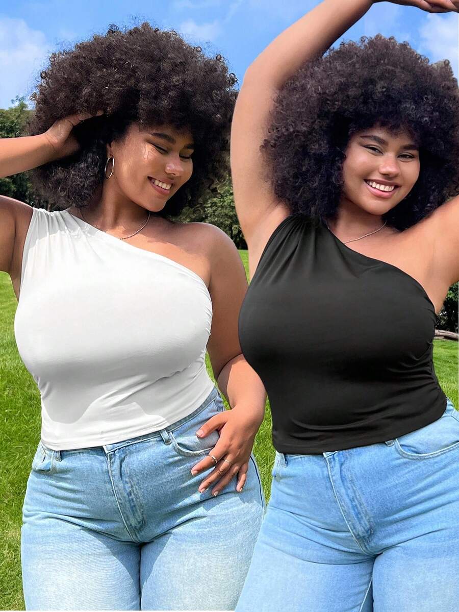 SHEIN EZwear 2 件套大码女式单肩黑白上衣