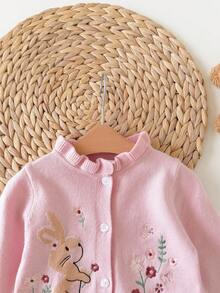 SHEIN 新生女嬰花卉刺繡長袖荷葉邊可愛針織開襟衫 - 淺粉色 - 查看 5