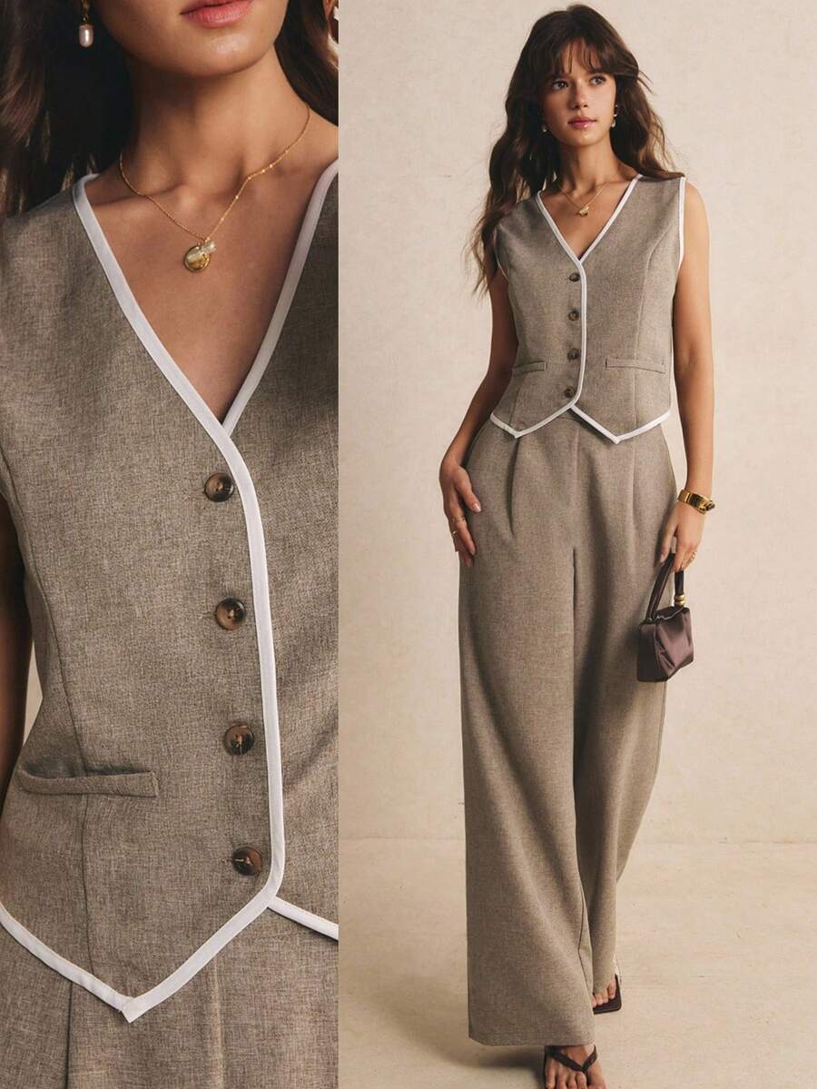 Poéselle 女款拼色單排扣上衣與長褲休閒日常兩件套 - 卡其色 - 查看 1