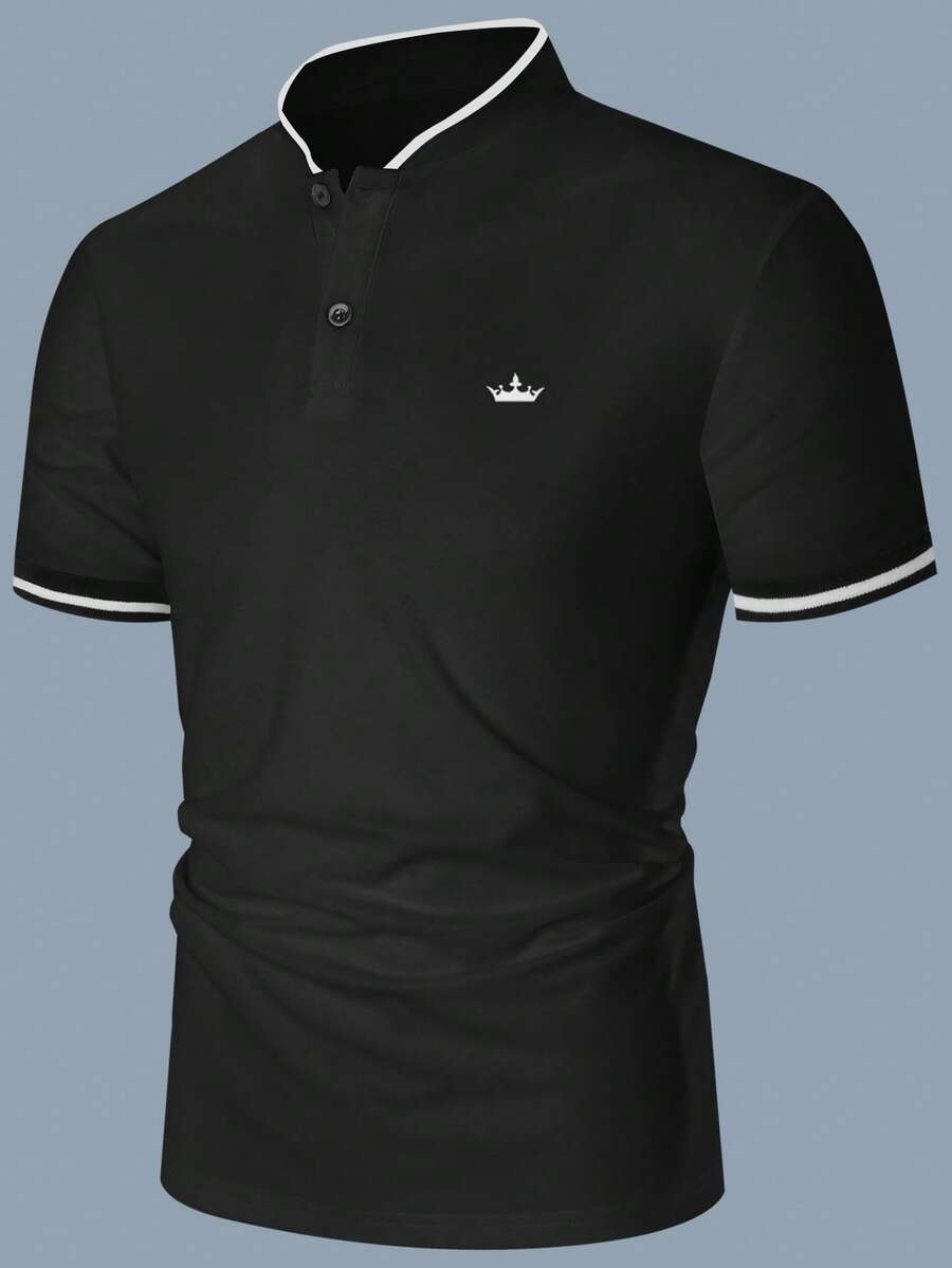 Calvornis 男士皇冠印花對比滾邊 Polo 正裝襯衫,儀式適用 - 黑色 - 查看 1