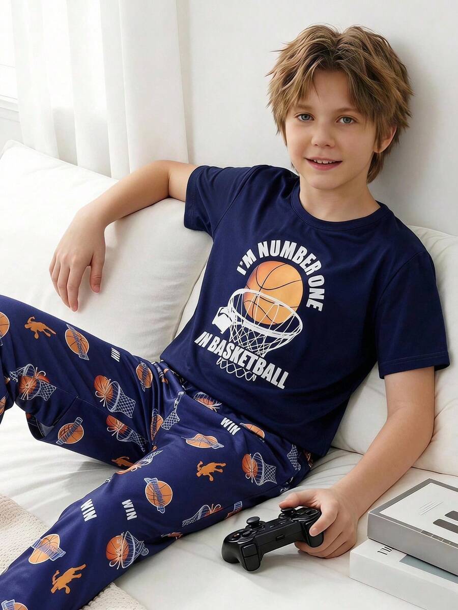 Boys' Simple Gentleman Plaid Short Sleeve Solid Color Pocket Top + Holographic Game Console Short Sleeve Long Pants 4-Piece Loungewear Set - Navy Blue - View 1