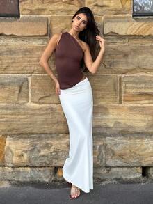 AmyJordy Apricot Ruched Asymmetric Shoulder Fitted Top, Fashionable Minimalist Casual Elegant Versatile For Daily Wear And Commute, Spring/Summer - Brown - View 4