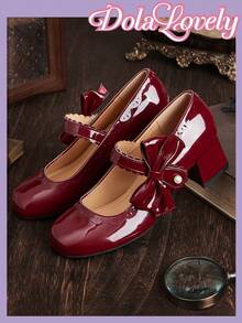 Dola Lovely Women's Shoes, Pink, Mary Jane, Bow Decoration, Lolita Wears Sweet Japanese JK Uniform Shoes, Thick Heels And High Heels. - Burgundy + Bow - View 6
