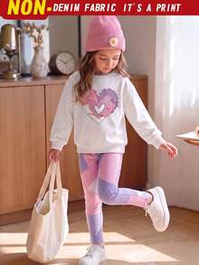 1 Set Conjunto de Primavera/Otoño para Niñas Pequeñas, Sudadera de Cuello Redondo con Estampado de Corazones y Volantes en Patchwork Rosa & Morado + Pantalones Largos de Ajuste Ceñido con Degradado de Bloques de Color, Conjunto de 2 Piezas - Multicolor - Ver 3