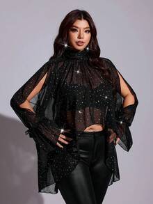 Viva Relle Blus Fashion Lengan Panjang Off-Shoulder Jala Rhinestone untuk Wanita Ukuran Plus - Hitam - View 5