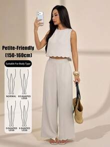 SHEIN PETITE 四季款女款休閒無袖上衣與寬腿褲套裝 2 件組，白色波點，亞麻，舒適，後綁帶，波浪下擺，復古簡約 - 卡其色 - 查看 1