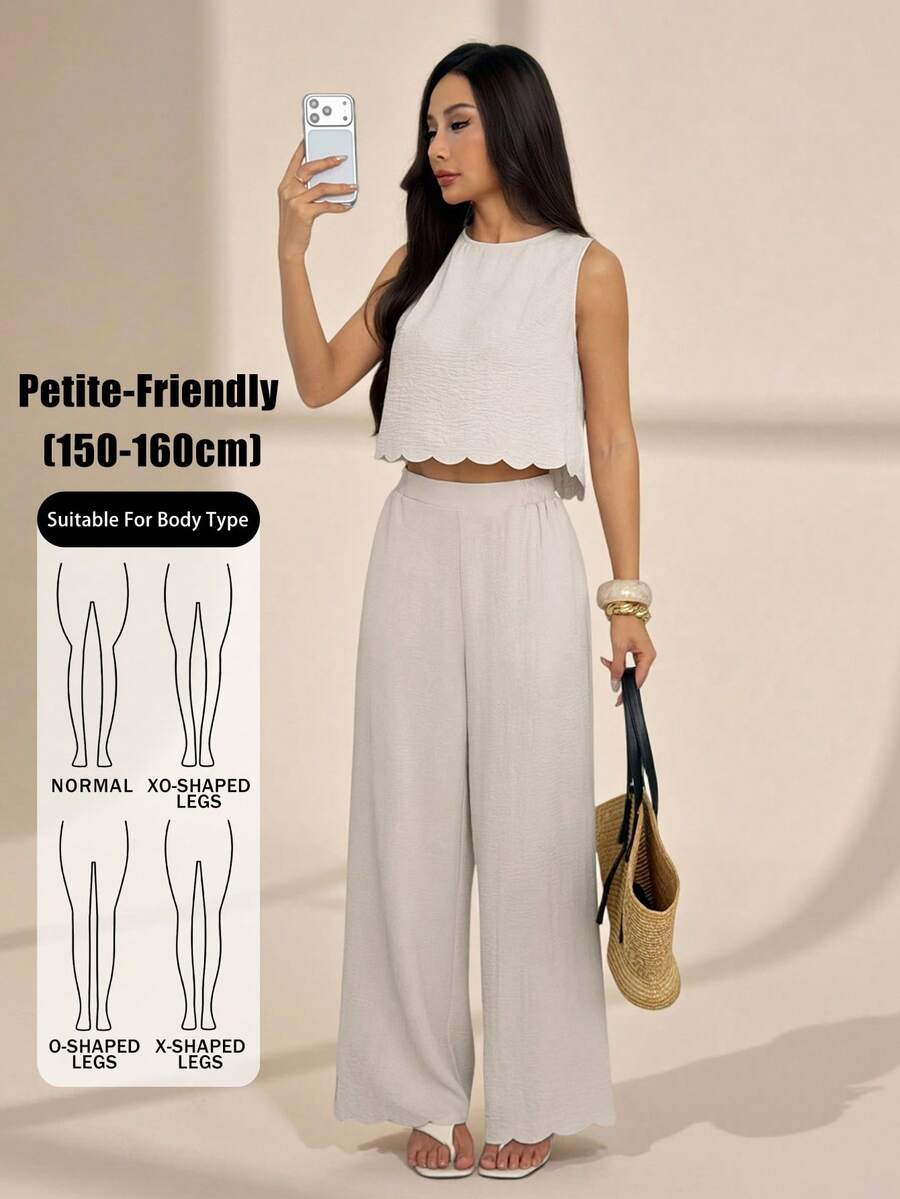 SHEIN PETITE 四季款女款休閒無袖上衣與寬腿褲套裝 2 件組,白色波點,亞麻,舒適,後綁帶,波浪下擺,復古簡約 - 卡其色 - 查看 1