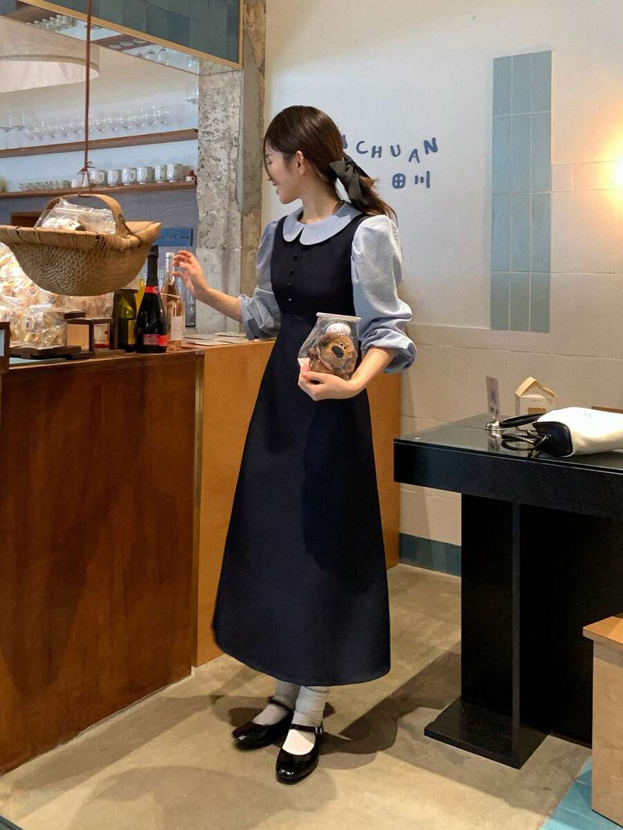 DAZY Women's Peter Pan Collar Contrast Color Patchwork 2 In 1 Korean Style Casual Mid-Length Dress Fall Vacation - Blue - View 1
