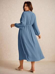 Elaquor Plus Size Autumn Casual Solid Color Dress Fall - Dusty Blue - View 2