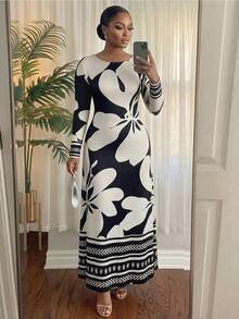 SHEIN Lady CURVE 大尺碼優雅休閒通勤花卉印花洋裝 正式婚禮賓客禮服 正式早午餐 黑白配色 夏季 秋季 - 彩色 - 查看 4