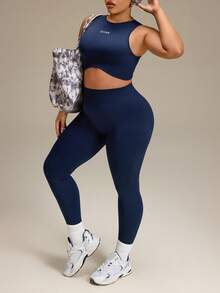 SHEIN Rhythm Era Women's Plus Size Seamless Letter Print Tank Top & Leggings Sports Set, Suitable For Workout, Yoga, Running - Navy Blue - View 3
