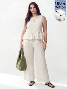 Solavibe Plus Size Women 2 Pieces Set: Sleeveless Top With Ruffle Hem And Pants Beach Formal Vacation Outfits For Woman Beige Summer Elegant - White - View 1