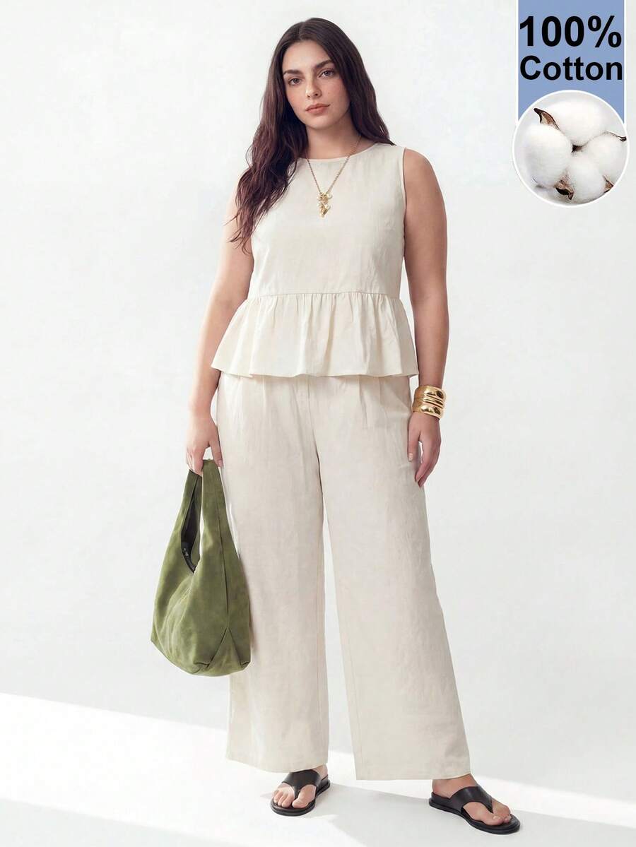 Solavibe Plus Size Women 2 Pieces Set: Sleeveless Top With Ruffle Hem And Pants Beach Formal Vacation Outfits For Woman Beige Summer Elegant - White - View 1
