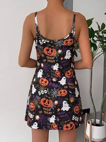 SHEIN EZwear EZwear 大尺碼骷髏與花卉印花美人魚細肩帶洋裝，Y2K 風格 - 彩色 - 查看 2