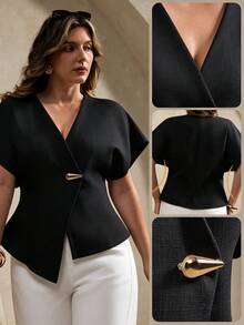 Elegantrix Plus Size Elegant Commuter Metal Decor Asymmetric Hem Shirt - Black - View 2