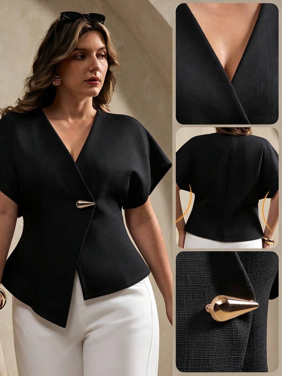 Elegantrix Plus Size Elegant Commuter Metal Decor Asymmetric Hem Shirt