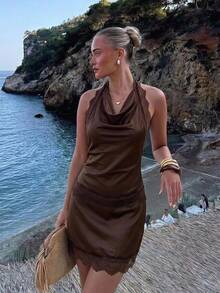 Aloruh Women's Elegant Sexy Commute Vacation Lace Trim Patchwork Satin Dark Brown Solid Color Office Night Out Suit Summer - Coffee Brown - View 1