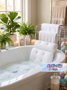 SHEIN Luxury Spa Bath Tub Pillow With Suction Cups - 3D Breathable Mesh, Non-Slip, Machine Washable, With Hooks For Easy Storage Bathroom Decor Fall Decor Bathroom Accessories Back To School - White - View 2