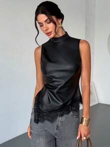 Firerie Women's Minimalist Elegant Knit PU Leather Contrast Lace Asymmetrical Hem Fitted Tank Top, - Black - View 5