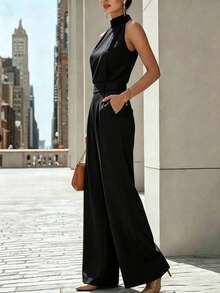 Zovinel Women's Solid Color Halter Top And Wide Leg Pants Casual Daily Set - Black - View 6