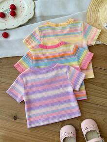 Kids Young Girl Casual Minimalist Cartoon Pattern Round Neck Short Sleeve Basic T-Shirt, Suitable For Spring/Summer, 3pcs -Piece Set - Multicolor - View 2