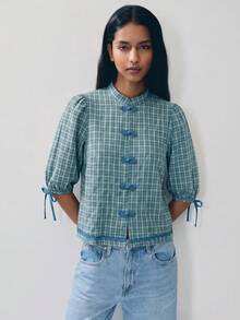 Nöista Plaid Blouse Chinese Buttons - Blue - View 4