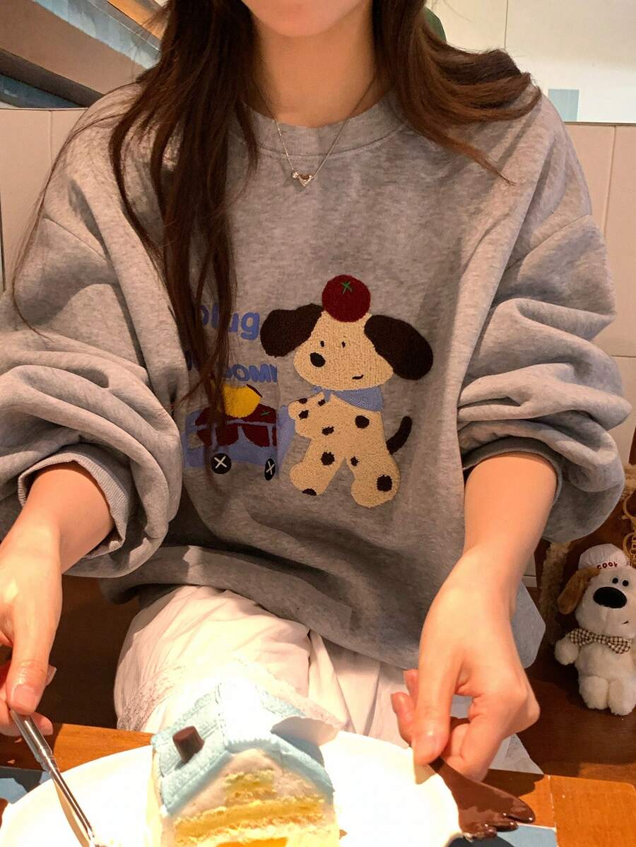 DAZY Women's Round Neck Cartoon Long Sleeve Sweatshirt, Girly Style Fall - Grey - View 1
