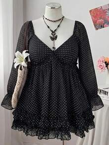 Sweetra Plus Size Polka Dot V-Neck Cute Cinched Waist Flattering Chiffon Blouse Top Fall - Black - View 7