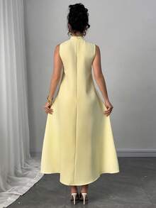Modelyn 女款時尚優雅奢華重工3D花卉淺黃色寬鬆長款A字洋裝 - Butter Yellow - 查看 2