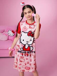 HELLO KITTY AND FRIENDS | SHEIN 少女聯名款卡通印花粉色甜美居家休閒洋裝 - 紅色 - 查看 9