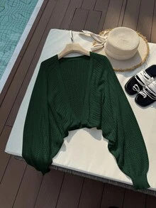 SHEIN Privé Plus Size Women Solid Color Long Sleeve Hollow Out Short Knit Cardigan Fall - Green - View 6