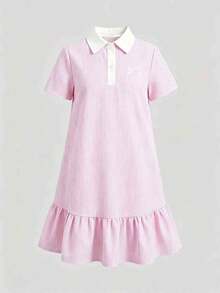 SHEIN Tween女孩休閒可愛舒適立領拼色羅紋純色洋裝，適合畢業派對、學校假期，Y2K風格 - 粉色 - 查看 3