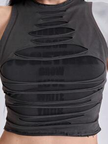 ACID BLVD Summer Spring Autumn Punk Street Y2K Distressed Letter Cutout Contrast Color Tank Top - Black - View 2