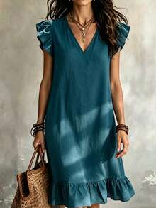 Hotletica Women's Solid Color V-Neck Flutter Sleeve Ruffle Hem Casual Dress - Dusty Blue - View 4