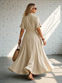 Ceyna Plus Size Women's Solid Color Casual Daily Summer Dress - Khaki - View 2