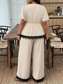 Weeklong Plus Size Women Spring/Summer V-Neck Lace Patchwork Knot Top And Wide Leg Pants Casual Daily Outfit Set - Apricot - View 2