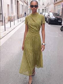 Maija Vestido elegante vintage francés casual de verano para mujer con lunares verdes, para escapada urbana, uso diario, fiesta, cita, brunch y té - Verde Oliva - Ver 1