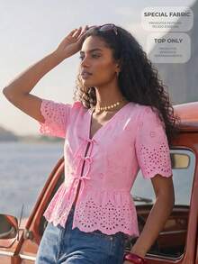CAJUNI Vacation Casual Solid Color Hollow Embroidery Tie-Front Shirt - Pink - View 9
