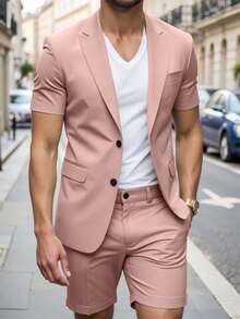 Manfinity Mode Herr sommar kortärmad formell blazer & kostymshorts, lämplig för dagliga affärsfester, ceremonier - Rosa - Visa 1