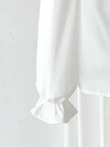 SHEIN 少女寬鬆休閒極簡舒適日常大學風白色荷葉邊飾泡泡袖優雅荷葉領前開扣襯衫，長袖上衣返校季 - 白色 - 查看 3
