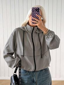 SHEIN EZwear 女款休閒百搭格紋高領連帽夾克，標準版型復古學院運動風 - 摩卡棕 - 查看 5