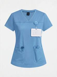 TaskEZ Scrub Top, Solid Color V-Neck Short Sleeve Double Pocket Scrub Top, 2-Piece Set, Suitable For Work Commute, Pet Hospital - Multicolor - View 7