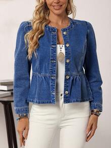 EMERY ROSE Plus Size Casual Distressed Denim Jacket With Puff Sleeves,Elegant Everyday Summer Dusky Blue Peplum Denim Jacket Women Button Down Fitted Fall Coats - Dark Wash - View 5