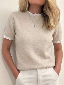 Louniche Elegant Apricot Crew Neck Lace Trim Patchwork Knit Short Sleeve Sweater, Suitable For Commute, Home, And Daily Wear, Spring/Summer - Apricot - View 1