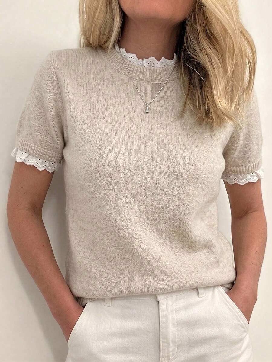 Louniche Elegant Apricot Crew Neck Lace Trim Patchwork Knit Short Sleeve Sweater, Suitable For Commute, Home, And Daily Wear, Spring/Summer - Apricot - View 1