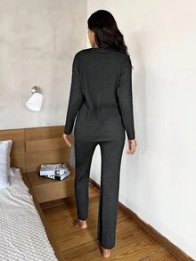 EURMUSE Letter Graphic Tee & Pants Lounge Set - Black - View 2